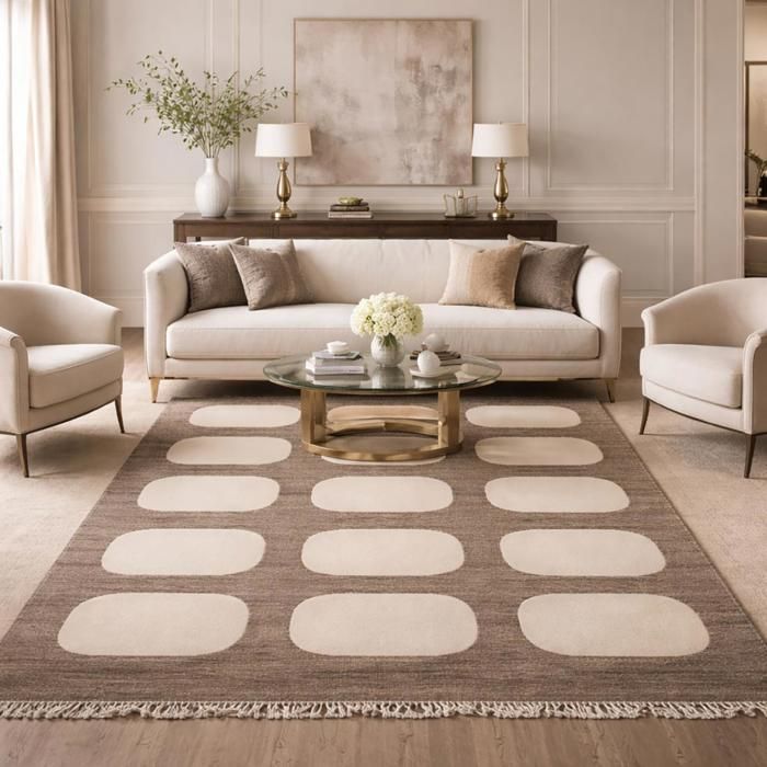 tapis salon 160x230 fait main en laine beige et marron rectangle motif rond KODA