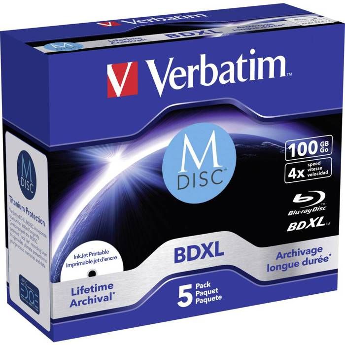 Verbatim M-Disc 4x. Type: BDXL, Capacité d'origine: 100 Go. Type d'emballage: Coffret à bijoux. Quantité par paquet: 5 pièce(s)