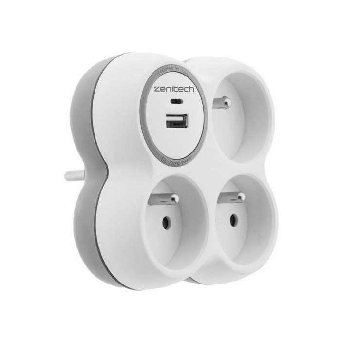 Triplite avec chargeur USB - ZENITECH - 16 A - USB-A et USB-C - 3680 W - Gris/Blanc