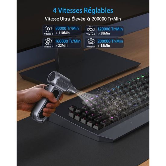Soufflette électrique Sans Fil 200 000 Tr/min - 4 Vitesses, Lumière LED, Recharge USB-C - Pour Nettoyer PC, Voiture, Clavier