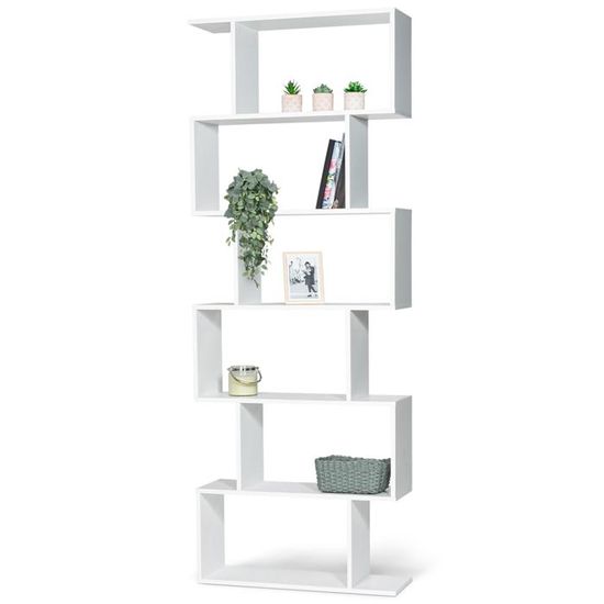 Étagère Bibliothèque SOFIA Forme S - Design Moderne 189 Cm - Rangement 6 Niveaux - Hêtre Et Blanc