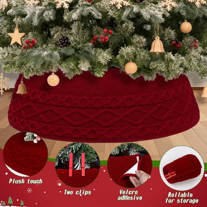 Jupe De Sapin De Noël Tricotée – 71 Cm, Rouge, Cache-pieds Déco – Avec Pinces En Bois Incluses - 13