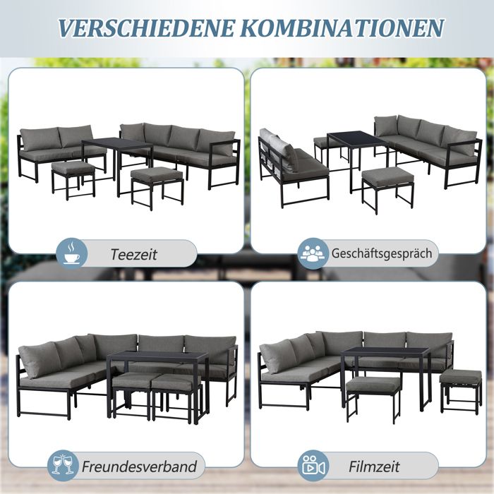 Salon De Jardin 4 Places TecTake - Canapé 2 Places + 2 Fauteuils + Table | Ensemble Gris Textilène