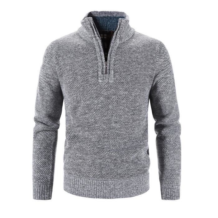 Pull Homme en Tricoté 1/4 Zip Pullover Sweater, Pull d'hiver Doux et  Confortable avec Col Montant et Fermeture à Glissière Gris