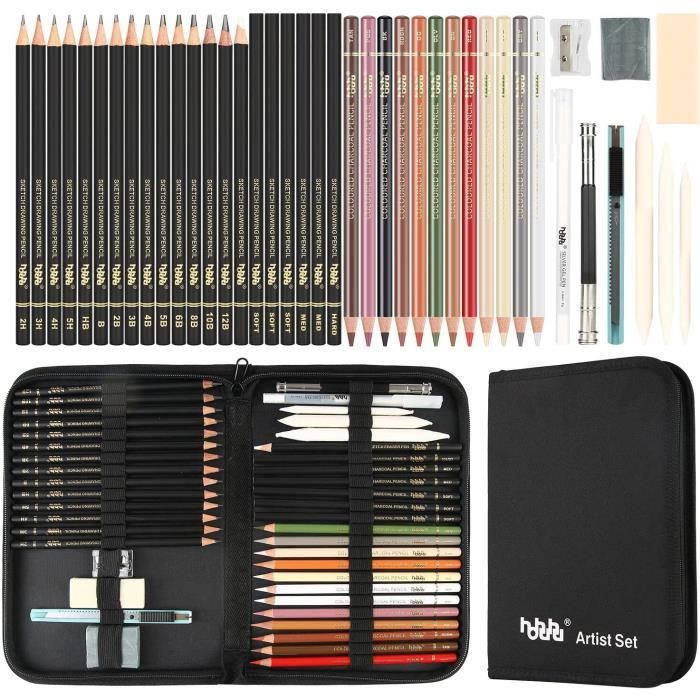 Set de 40pcs Outil de Dessin Crayons+Gomme Avec Trousse à Crayon