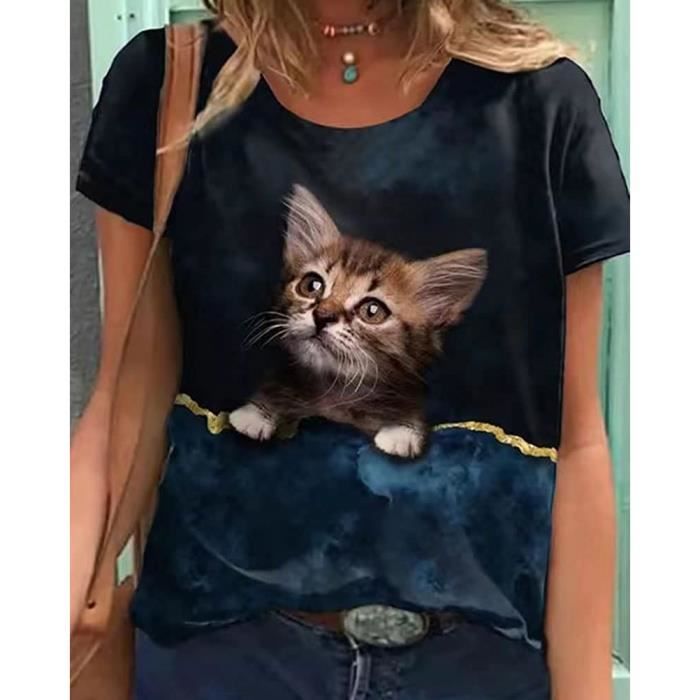 Femme T Shirt Chat Imprim Sweatshirt Top Manche Courte Col Rond T Shirt L ger D contract Sweat Blouse Top Pullover cru