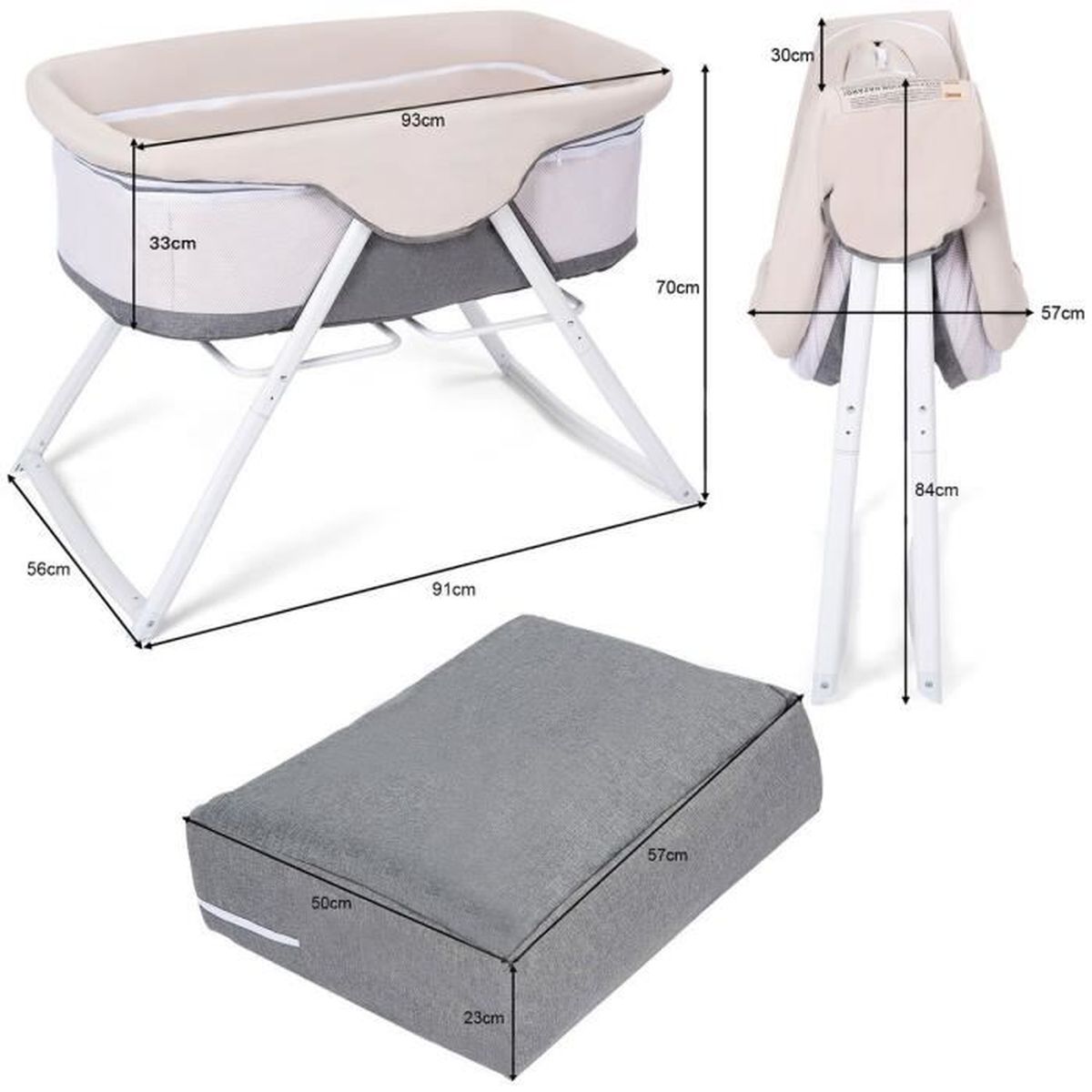 Costway Berceau Bebe Lit Bebe Pliable Doux Balancement Avec Matelas Tube En Aluminium 94 X 56 X 70 Cm Gris Achat Vente Berceau Et Support 0796914904342 Cdiscount