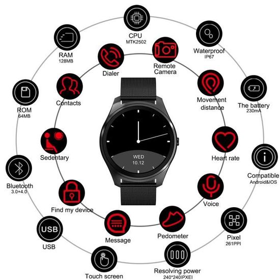 Diggro DI03 Smart watch Bluetooth Frequence Cardiaque Sommeil Podometre Notifications pour Android et IOS Noir Cdiscount Telephonie