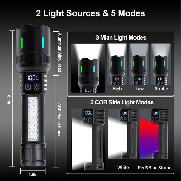 Lampe Torche LED Ultra Puissante Cinlinso - 100 000 Lumens Rechargeable, 5 Modes, étanche IPX7