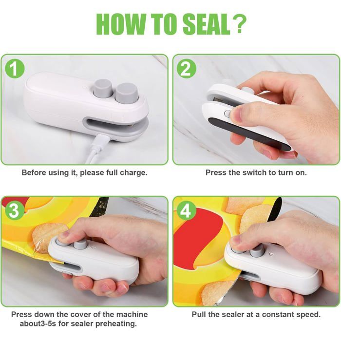 Mini Fermoir de Poche pour Snacks,Mini Ferme-Poche Rechargeable,Scellement et Découpe 2en1,Garde Les Aliments Frais,Noir+Blanc - Maison