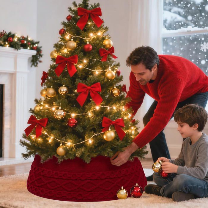 Jupe De Sapin De Noël Tricotée – 71 Cm, Rouge, Cache-pieds Déco – Avec Pinces En Bois Incluses - 11