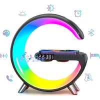 Support de chargeur sans fil multifonctionnel 15W Veilleuse RGB Réveil Haut-parleur APP Charge rapide pour iPhone 11-14 Samsung Noir