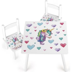 ENSEMBLE DE MEUBLES Table et 2 chaises enfant motif la Licorne
