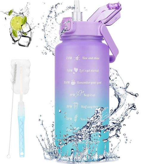 Gourde Sport BelonLink 1,6L – Bouteille étanche Avec Paille, Poignée, Marqueur De Temps, Sans BPA, Pour Vélo Rando Camping (rose+bleu)
