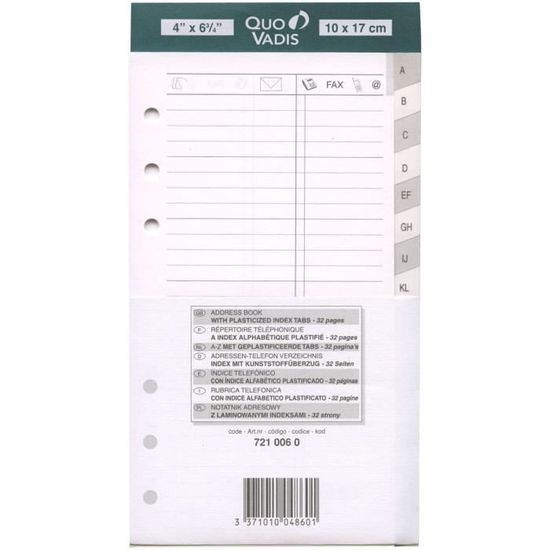 Quo Vadis Recharge Répertoire Téléphonique TIMER 17 - Papier Blanc Clairefontaine 10x17cm