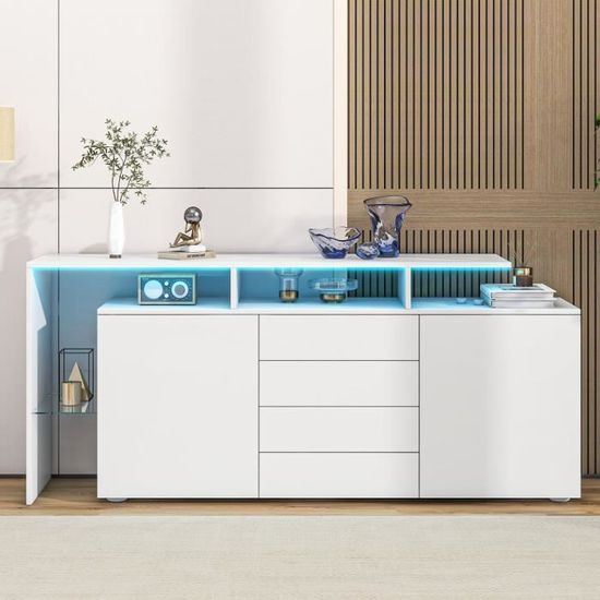 Armoire Vitrée Avec Éclairage LED - 140x40x80 Cm - 4 Étagères Verre Réglables, 2 Portes - Pour Salon, Entrée, Bureau (Blanc Brillant) - 4