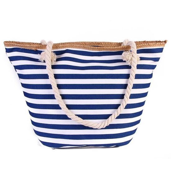 Sac de Plage Femme en Toile à Rayures d'Été Grand Sac à Main Shopping Bleu  Fermeture Éclair Vert - Cdiscount Bagagerie - Maroquinerie