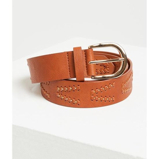 Ceinture Fantaisie Large Femme Doca - Blanche Et Marron - 90 Cm - Cuir Synthétique Et élastique - Neuve Avec étiquettes
