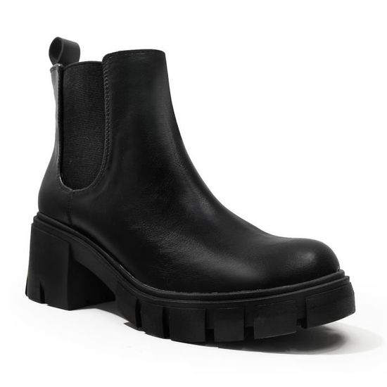Boots Femme Chelsea talon pais hiver bout rond Noir Noir