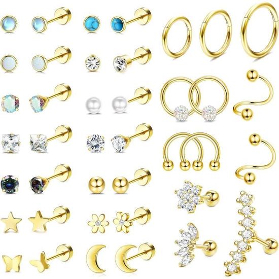 Adramata 25Pcs Piercing Oreille Acier Chirurgical Boucles D