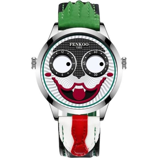 Fenkoo Montre Bracelet Unisexe Analogique à Quartz Cadran Creux Style Tête De Mort Bracelet En Cuir PU Noir