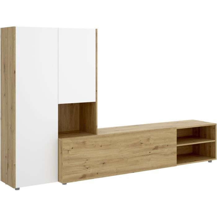 Meuble TV paroi murale - Mélaminé chêne artisan et blanc mat - 3 portes - L 227 x P42 x H141 cm