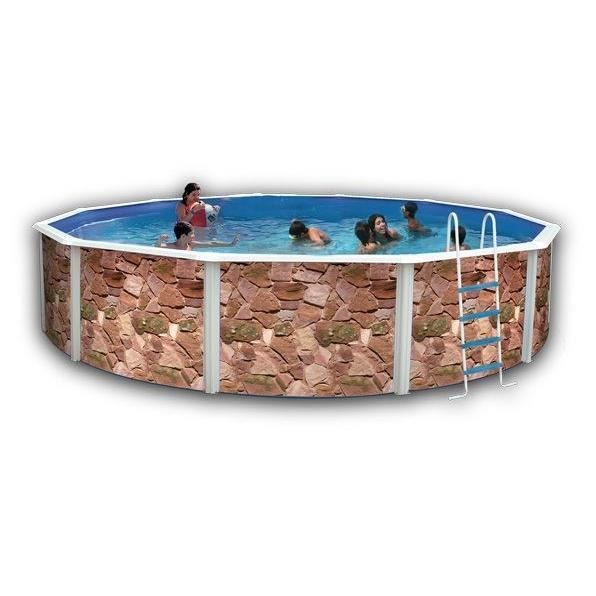 TOI Kit Piscine Hors-sol Acier  Rocalla Ronde D&eacute;coration Pierre 3.50m X 1.20m 