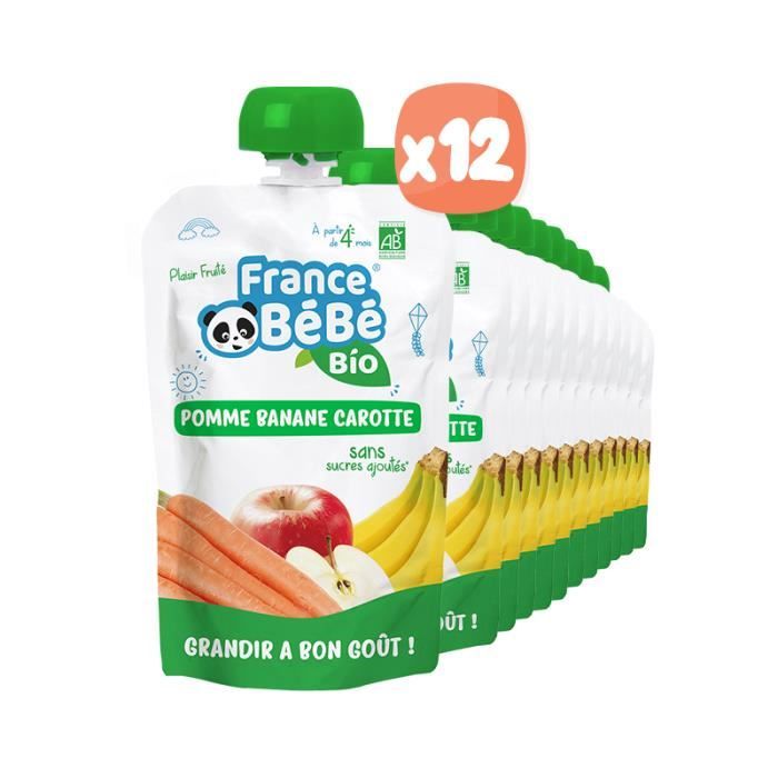 FRANCE BéBé BIO - Gourde De Purée de fruits & légumes BIO dès 4 mois - Pomme Banane Carotte - Pack de 10 x 100g