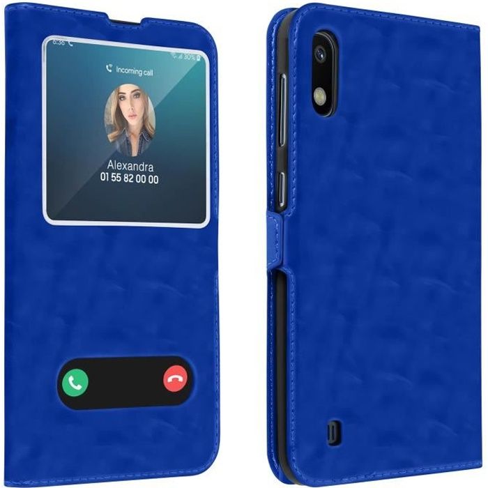 Housse Samsung Galaxy A10 Protection Double Fenêtre Fonction Stand Bleu