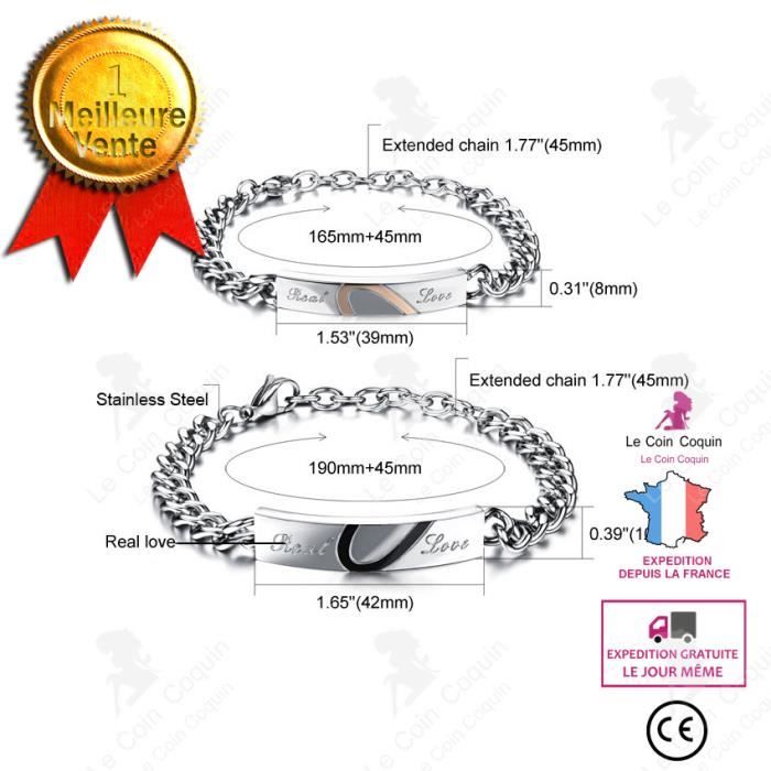 LCC® bracelet couple amoureux pour 2 gourmette cœur femme homme bijoux livraison rapide 1 paire acier titane cadeau bijouterie chain
