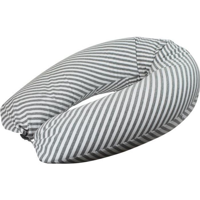 Coussin d'allaitement et de grossesse évolutif 180 cm déhoussable avec remplissage microbilles - Gris rayé