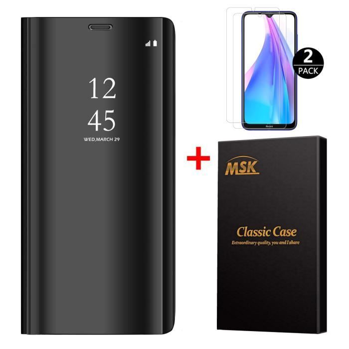 Coque Xiaomi Redmi Note 8T + [2 Pack] Verre trempé, Miroir Case Avec Stand Flip Protection Pour Xiaomi Redmi Note 8T - Noir