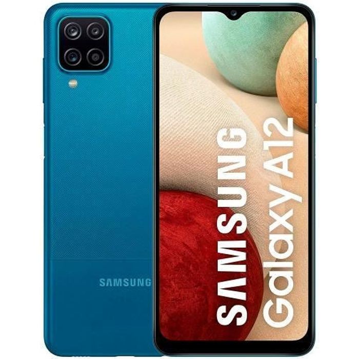 Téléphone mobile SAMSUNG GALAXY A12 de couleur bleue, double SIM, 4G, écran de 6,5 pouces avec panneau LCD et résolution HD + de
