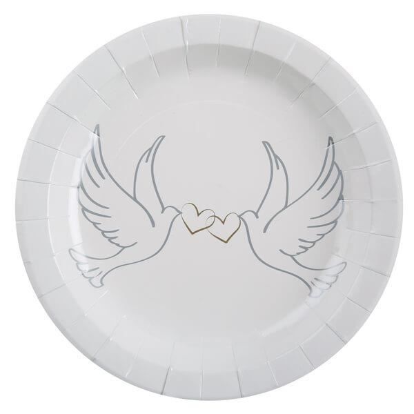 Assiette mariage blanche colombes et coeurs (x10) R/4517 Matière carton