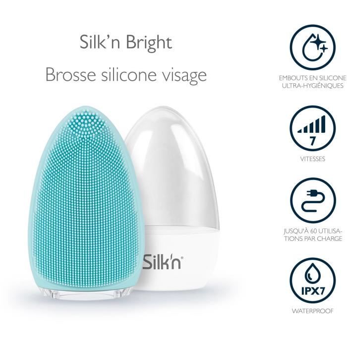 Silk'n BRIGHT bleue - Brosse visage silicone - Etui de rangement - Rechargeable - hypoallergénique