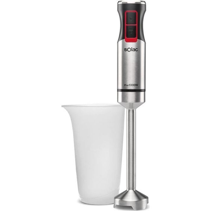 SOLAC Pro 1000 - Mixeur plongeant - 1000 W - Fonction Turbo - Lame et pied en acier inoxydable - Gris, noir et rouge