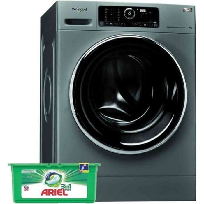 WHIRLPOOL Lave linge Frontal Semi Pro 9KG 1200TRS/MIN Machine a laver Hublot 64 Argent