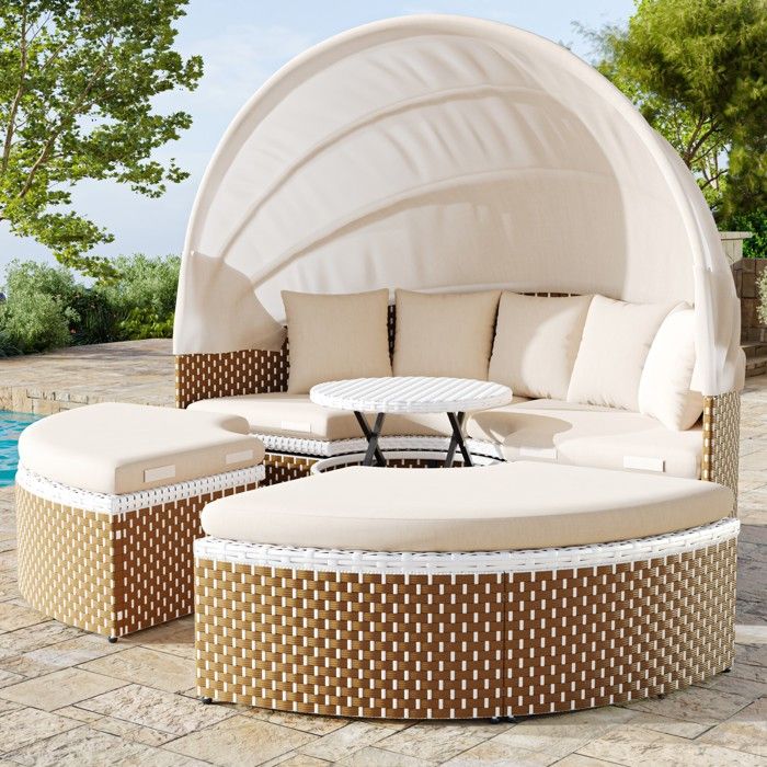 salon de jardin canapé-lit de jardin modulable 6/8 personnes - bain de soleil rond extensible - salon de jardin en rotin beige