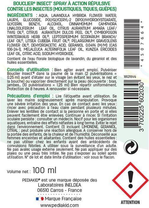 Flacon Insect Bouclier Insect'- Spray Répulsif Anti-Moustique - Aux Huiles ...