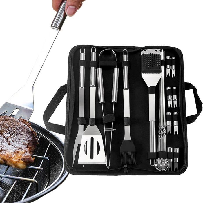 Set 9 Pièces Ustensiles Barbecue Inox - Spatule Pince Brosse Brochettes Pour Jardin Camping Fête