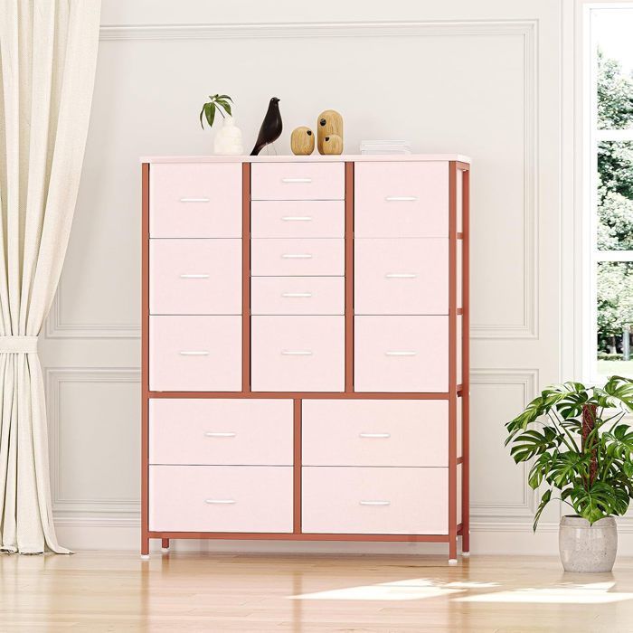 Commode pour Chambre15 Tiroirs en TissuArmoire à TiroirsCadre en Acier100x30x123cmMeuble de Rangement avec Dessus en Boisrose