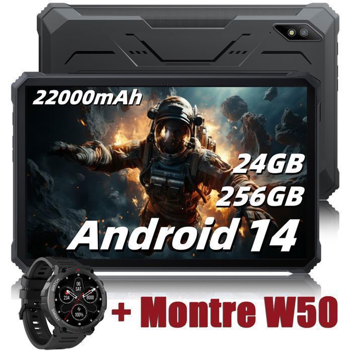 Blackview Active 8 Pro Tablette Incassable 10.36 2.4K FHD+ 24Go+256Go 22000mAh(33W) 48MP+16MP Android 14 Noir Avec W50 Noir