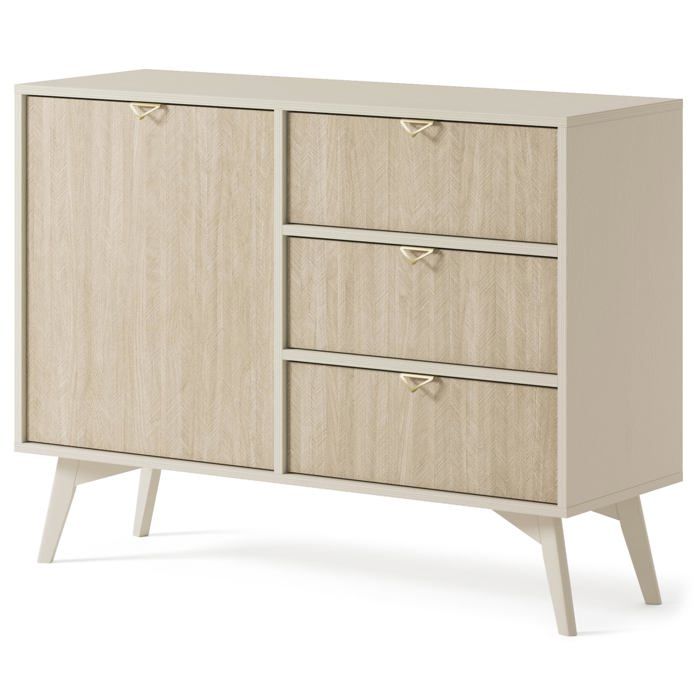 Commode - Beige Sable - Scandinave - 3 Tiroirs - 1 Porte - 106 x 80 x 38 cm