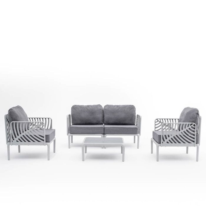 Salon de jardin - KENZIA - Canapé 2 fauteuils table basse - Résine avec fibre de verre - 4 personnes - Gris