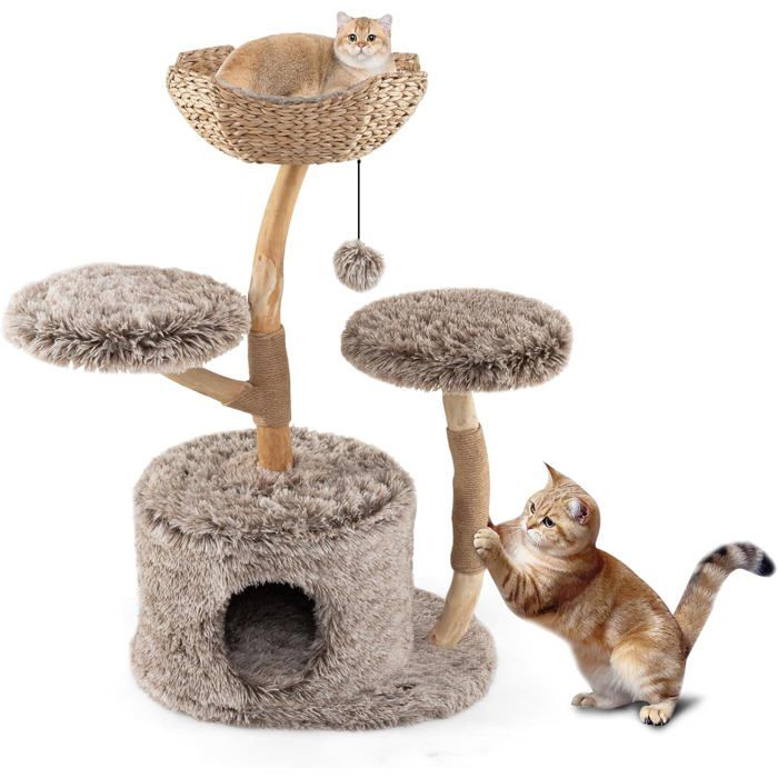 Meilleurs prix pour GOPLUS Arbre à Chat Design Naturel en Bois Massif Tronc en Poirier Solide Poteaux à Gratter en Jute & Balle Suspendue (105cm)