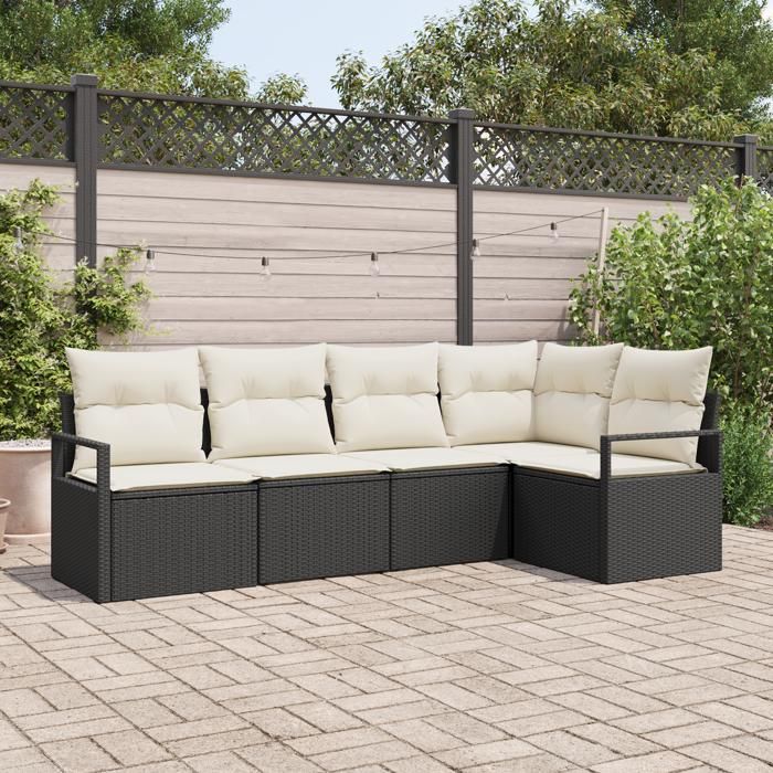 Set de Canapé de Jardin de 5 Pièces avec Coussins Noir Rattan Poly Canapé de Jardin 2 places avec Rangement et Coussins 3355046