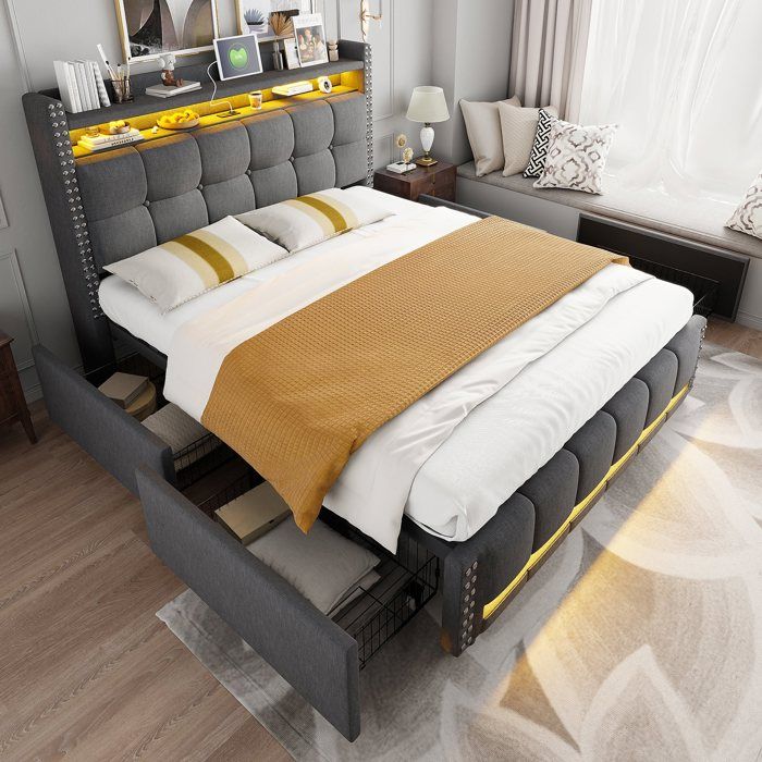 Lit capitonné 140x200 cm Lit double rembourré en lin avec éclairage LED ports USB 4 tiroirs de rangement et sommiers à lattes -