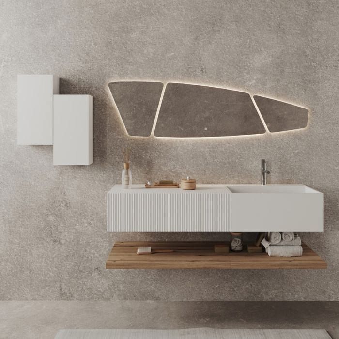 MEUBLE DE SALLE DE BAINS SUSPENDU 140CM DE DESIGN BLANC ET BOIS MIEL RODI MEUBLE DE SALLE DE BAINS SUSPENDU 140CM DE DESIGN BLANC ET BOIS MIEL RODI