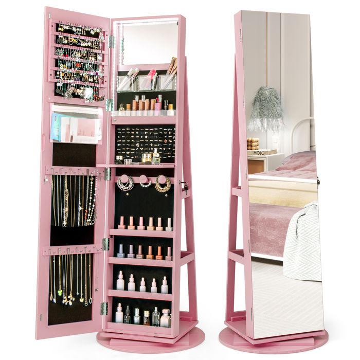 3 en 1 Armoire à Bijoux sur Pieds COSTWAY Pivotante à 360° Lumières LED 3 Couleurs Verrouillable Étagère Rangement Arrière Rose