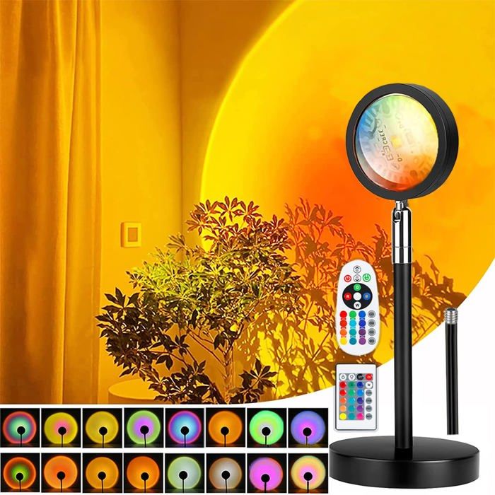 Lampe Coucher de Soleil Sunset Lamp avec USB Lumière Arc-en-Ciel Veilleuse LED Réglable en Hauteur 16 Couleurs 4 Modes dynamiques